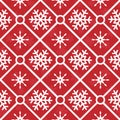 Vector seamless winter pattern; white geometric snowflakes on red background. Royalty Free Stock Photo