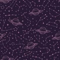 Vector seamlesss pattern with zodiac constellations and Saturn p