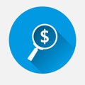 Vector Searching magnifier glass dollar icon on blue background.