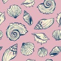 Vector seashell seamless pattern. Hand-drawn oysters and shells isolated on pink background. Tasty food for design, print, fabric