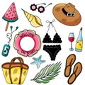 Vector seaside top view illustrations set with summer tropical beach accessories on white background. Swimsuit, lifebuoy Royalty Free Stock Photo