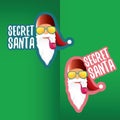 vector secret santa claus with sunglasses label or sticker isolated on green background. Secret santa gift ideas concept