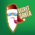 vector secret santa claus with sunglasses label or sticker isolated on green background. Secret santa gift ideas concept