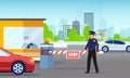 Vector of a security man and gate checking cars