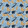 Vector semaless pattern with crocodiles and elephants. Tribal african design.