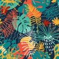 Vector semaless pattern with floral hand drawn elements. Bright color tropical background. Jungle repeatable backdrop.