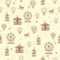 Vector Sepia family Fun Fair Carrousel Hot air Balloons and Ferris wheels pattern.