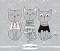 Vector series with cute fashion cats. Stylish kitten set. Trendy