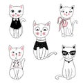 Vector series with cute fashion cats. Stylish kitten set. Trendy