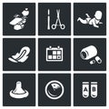 Vector Set of Abortion Icons. Equipment, Surgery, Birth, Monthly, Date, Medicine, Contraception, Diagnosis, Test.