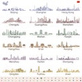 Vector set of abstract chinese largest city skylines in brightful color palette with map and flag of China