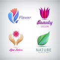 Vector set of abstract flower, spa, health care, wellness, resort logos design. Hands holding flower, lotus, leaf