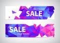 Vector set of abstract origami geometric sale banners. Purple low poly facet promotion banner