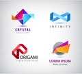 Vector set of abstract origami logos, icons. Infinity, crystal