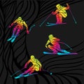 Vector set of abstract skiing people on black background