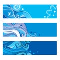 Vector set of abstract template with dotted swirls, blue curly lines and snowflakes isolated on white. Horizontal banner or layout Royalty Free Stock Photo
