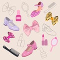 Vector set of accessories for girls. Cute bows, lipstick, shoes