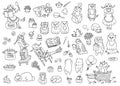 Vector set of adorable characters and mascots, pretty girl and bobtail cats the cooks