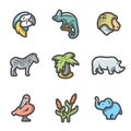 Vector Set of Africa Animals Icons. Parrot, Chameleon, Monkey, Zebra, Palm, Rhinoceros, Pelican, Reed, Elephant.