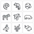 Vector Set of Africa Animals Icons. Parrot, Chameleon, Monkey, Zebra, Palm, Rhinoceros, Pelican, Reed, Elephant.