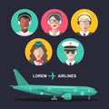 Vector set of airplane and cabin crew and airport team icons in flat style. Aviation male, female avatars illustrations Royalty Free Stock Photo