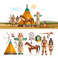 Vector set of American indian tribal objects, icons, design elements in flat style. Totem, fire place