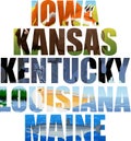 Vector set of American states word with animals - Iowa, Kansas, Kentucky, Louisiana, Maine