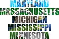 Vector set of American states word with animals - Michigan, Massachusetts, Maryland, Mississippi, Minnesota