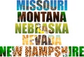 Vector set of American states word with animals - Missouri, Montana, Nebraska, Nevada, New Hempshire