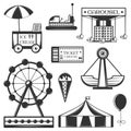 Vector set of amusement park isolated icons and objects. Attractions, carousel, wheel, ice cream cart. Royalty Free Stock Photo