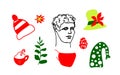 Vector set with ancient Greek Hermes head with Christmas hats. New Year`s