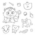 Vector set angry child and cat. Hygiene items, baby care and toys. Flat black color sketch contour illustration