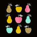 Vector set with apples and pears in gold glitter and soft colors