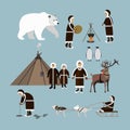 Vector set of arctic people and animals flat style icons
