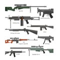 Vector set of army combat weapons. Icons isolated on white background. Gun, rifles, machine gun