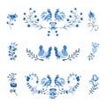 Vector set of arrangement flowers and birds in Scandinavian style on white background.