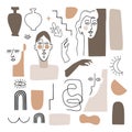 Vector set of artistic and abstract graphic objects. Illustrations of female portraits and vase silhouette in minimal