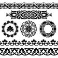 Vector set of Asian seamless tape, round and single patterns in the form of cotton in Uzbek national style. Black mockup on white