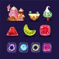 Vector set of assets for mobile/computer game. Cute gingerbread house, caramel candies of various shapes, sweet tree and