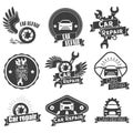Vector set of auto service labels in vintage style. Car repair shop banners. Mechanic tools isolated on white background
