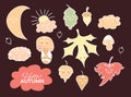 Vector set of autumn drawings. Contour and color - various leaves and mushrooms, acorn, moon and clouds with cute faces