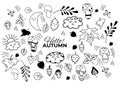 Vector set of autumn drawings. Leaves, berries and mushrooms, an acorn and a cloud with cute faces and closed eyes. Use