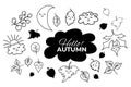 Vector set of autumn drawings. Leaves, moon and cloud with cute faces and closed eyes. Use for fall design and