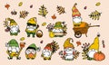 Vector set of autumn gnomes. a collection of hand-drawn dwarfs in doodle style with autumn elements wheelbarrow, pumpkin