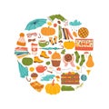 Vector set of autumn icons in circle: pumpkin, scarf, hat, blanket, umbrella, leaves and others.