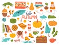 Vector set of autumn icons: pumpkin, scarf, hat, blanket, umbrella, leaves and others. `Hello Autumn` lettering.