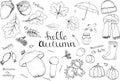 Vector set of autumn items. Cartoon monochrome isolated objects on a white background.