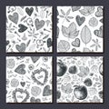 Vector set of autumn seamless doodle patterns. Hearts, leaves, apples, flowers hand drawn elements fall