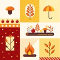 Vector set of autumn symbols.mushroom, umbrella, bonfire, apple log briar apple