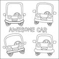 Vector set of awesome happy cars. Childish design for kids activity colouring book or page